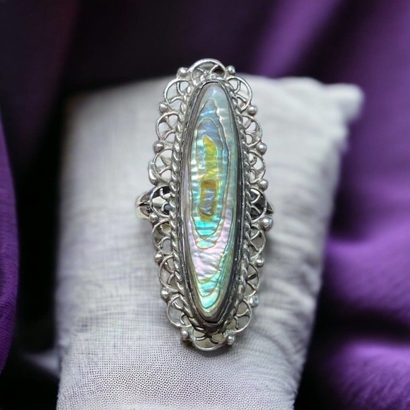 Beautiful ANTIQUE VINTAGE Sterling Silver & Abalone Shell Ring Size 5 - Picture 1 of 11
